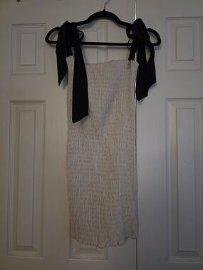 Zara Cream Strapless Smocked Midi Dress with Black Tie Straps